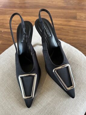 Gianni Bini Black Slingback Pointed Pumps with Silver Geometric Buckle